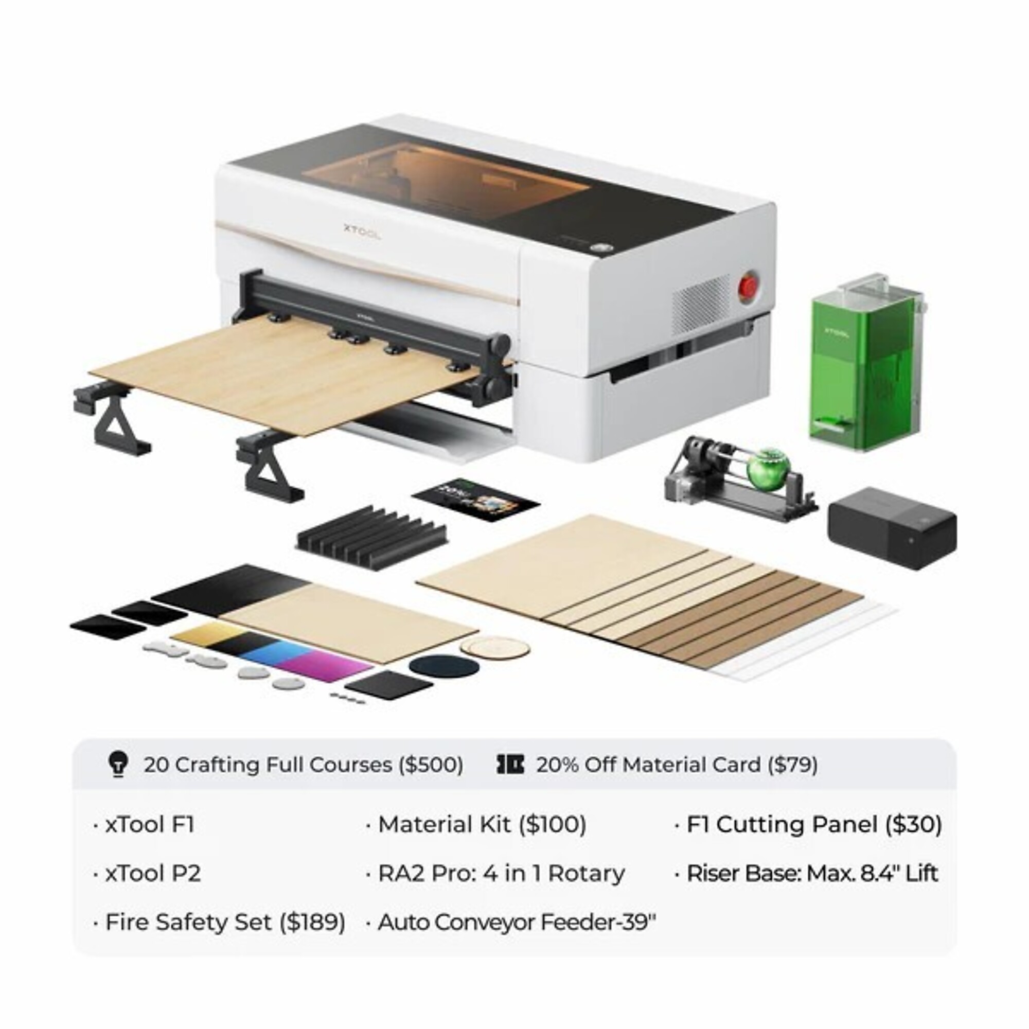 xTool, Laser Cutter and Engraver, 55w, 600mm/s, Working Width 29.13 in, Working Length 33.86 in, Laser Power 55 W, Model# xTool P2 + F1 Ultimate Bundle
